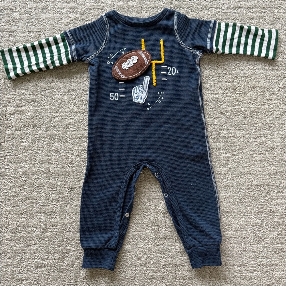 Baby boy, mud pie, one piece outfit football themed size 9 to 12 months